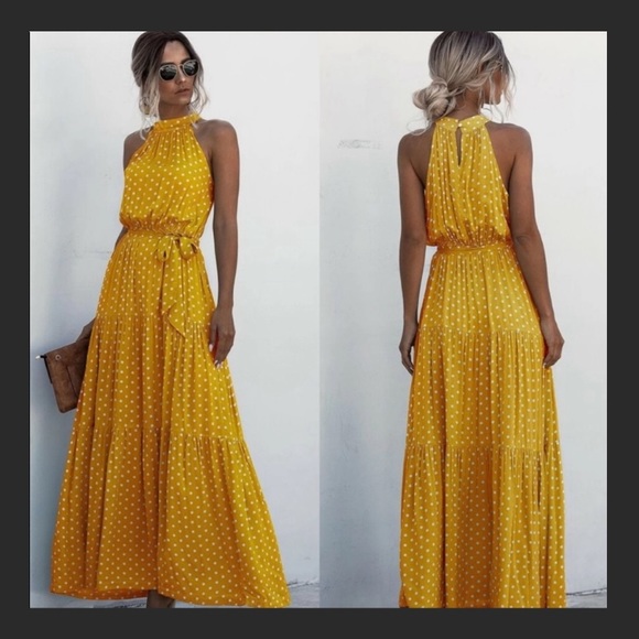 Boho Polka Dot Belted Halter Maxi Dress - Picture 2 of 10